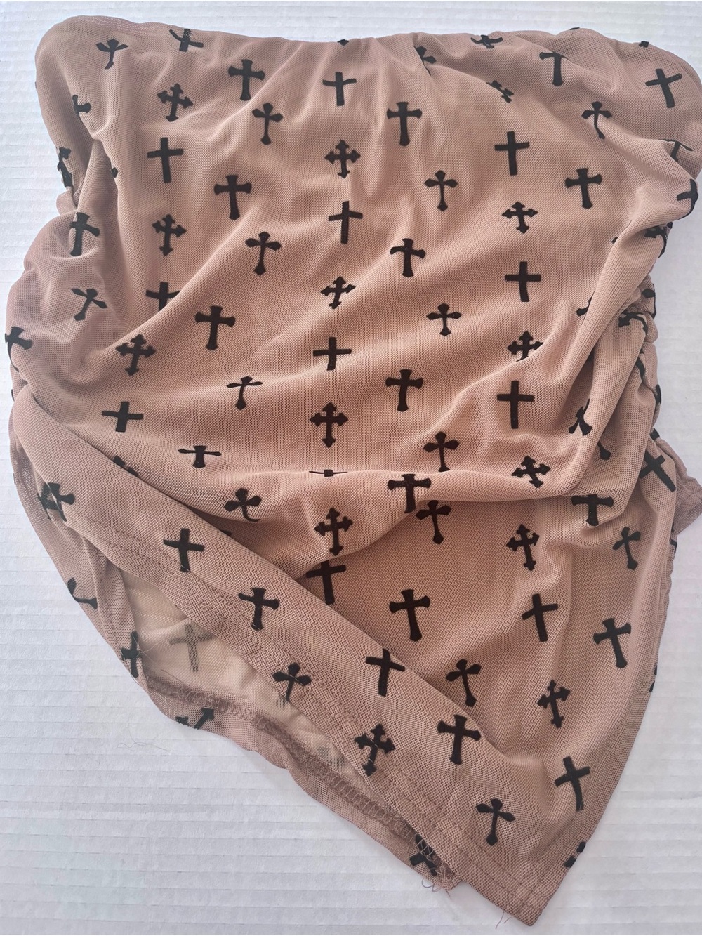 Asymmetrical Beige Mesh Top with Black Cross Print very sexy tight